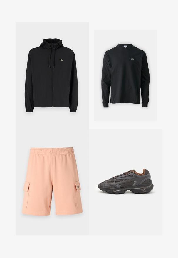 Juodas užtrauktukas striukė su gaubtu, pagaminta iš lengvos medžiagos. Savybės: elastiniai apykaklės ir mažas žalias logotipas kairėje krūtinės pusėje.; Juodas ilgomis rankovėmis marškinėliai iš medvilnės, turintys apvalią iškirptę ir mažą žalią išsiuvinėtą krokodilo logotipą kairėje krūtinės pusėje.; Šviesiai rožinės šortai, pagaminti iš medvilnės ir sintetikos mišinio, su elastinga juosmens juosta, dviem šoninėmis kišenėmis su virvelėmis ir žaliu logotipo akcentu.; Lacoste sportbačiai tamsiai pilki, pagaminti iš tinklinės ir sintetinių medžiagų, su tekstūruotu padu ir rudomis detalėmis ant apykaklės bei prekės ženklo.