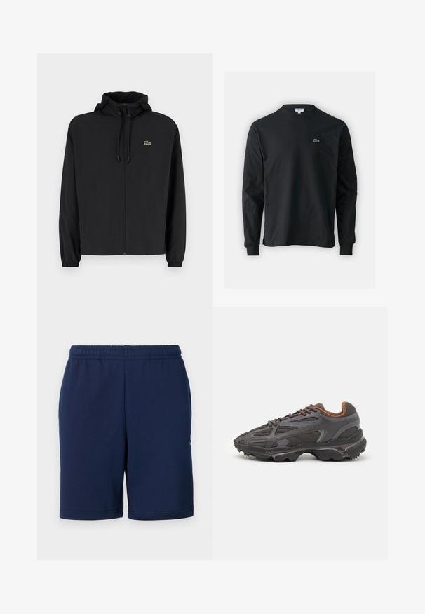 Juodas užtrauktukas striukė su gaubtu, pagaminta iš lengvos medžiagos. Savybės: elastiniai apykaklės ir mažas žalias logotipas kairėje krūtinės pusėje.; Juodas ilgomis rankovėmis marškinėliai iš medvilnės, turintys apvalią iškirptę ir mažą žalią išsiuvinėtą krokodilo logotipą kairėje krūtinės pusėje.; Tamsiai mėlynos šortai, pagaminti iš minkštos medžiagos, su elastinga juosmens juosta ir šoninėmis kišenėmis. Minimalistinis dizainas be matomų raštų.; Lacoste sportbačiai tamsiai pilki, pagaminti iš tinklinės ir sintetinių medžiagų, su tekstūruotu padu ir rudomis detalėmis ant apykaklės bei prekės ženklo.