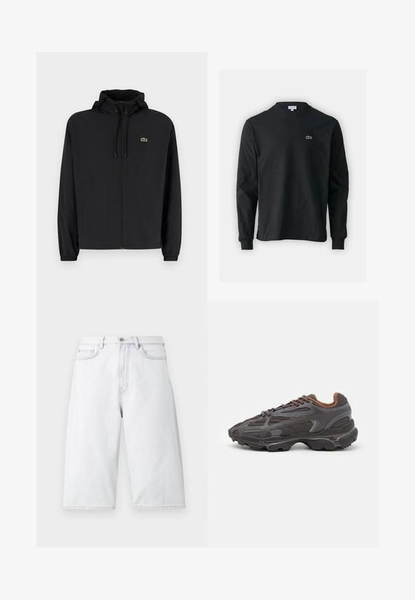 Mustmust jacket, millel näpsuga, kergest materjalist. Omab elastseid mansette ja väikest rohelist logo vasakul rinnal.; Must musta särk pikad varrukad, valmistatud puuvillast, ümar kaelus ja vasakul rinnal väike rohelise värvi tikandiga krokodillilogoga.; Heledad hallid denim lühikesed püksid, millel on mugav lõige, nööbiga talje, esipidemed ja puhtad sirged ääred.; Tumed hallid Lacoste tossud, mis on valmistatud võrkkangast ja sünteetilisest materjalist, omavad tekstureeritud talla ning pruune aktsente kaeluse ja brändingu juures.