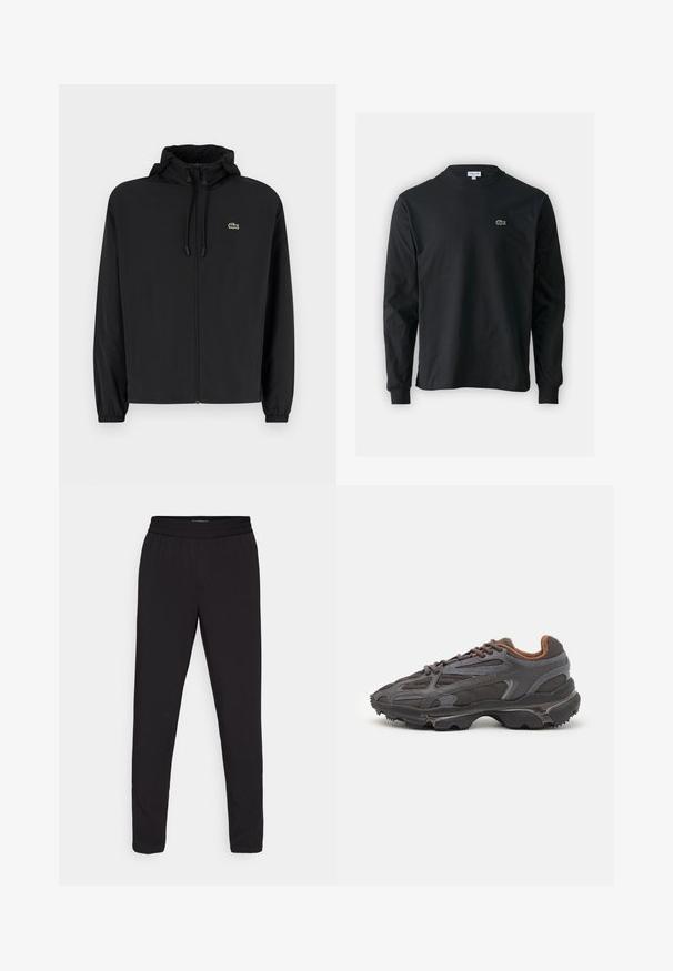 Melnas rāvējslēdzēja jakas ar kapuci, izgatavota no viegla materiāla. Ar elastīgām piedurknēm un mazu zaļu logo kreisajā krūtī.; Melna garām piedurknēm t-krekls, izgatavots no kokvilnas, ar apaļu kakla izgriezumu un mazu zaļu izšūtu krokodila logo kreisajā krūtī.; Melnas taperētas bikses ar elastīgu jostasviedi, izgatavotas no gludas, vieglas auduma, bez redzamām rakstu vai klātbūtnes detaļām.; Lacoste kedas tumši pelēkā krāsā ar acu audumu un sintētisko materiālu, ar teksturētu zoli un brūniem akcentiem apkaklītē un zīmola uzrakstā.