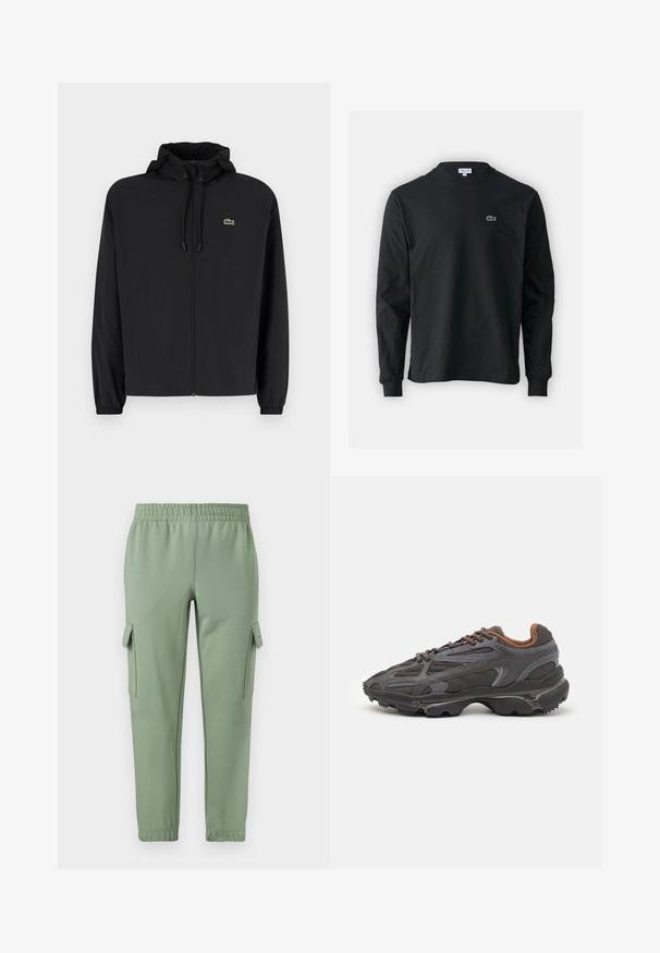 Svart zip-up jakke med hette, laget av lett materiale. Har elastiske mansjetter og en liten grønn logo på venstre bryst.; Svart langermet T-skjorte laget av bomull, med rund hals og en liten grønn brodert krokodillelogo på venstre bryst.; Lys grønne joggebukser med elastisk linning, smale ben og to side-lommer. Laget av myk, pustende stoff.; Lacoste-sneakers i mørkegrått med mesh- og syntetisk materiale, med en teksturert såle og brune detaljer på kragen og merket.