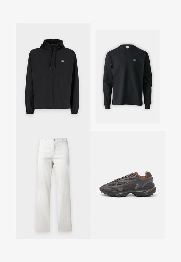 Jachetă neagră cu fermoar și glugă, fabricată din material ușor. Are manșete elastice și un mic logo verde pe pieptul stâng.; Tricou negru cu mânecă lungă, realizat din bumbac, cu un guler rotund și un mic logo brodat cu un crocodil verde pe partea stângă a pieptului.; Pantaloni gri deschis cu un design cu picior drept, confecționați dintr-un material neted, având o închidere frontală cu nasture și buzunare laterale.; Adidași Lacoste de culoare gri închis, din material mesh și sintetic, cu o talpă texturată și accente maronii pe guler și branding.