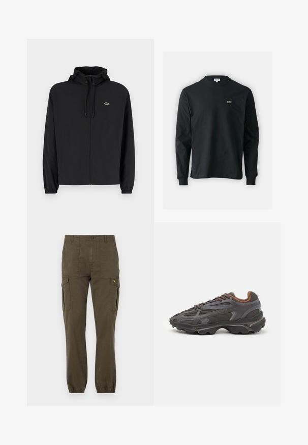 Black zip-up jacket with a hood, made of lightweight material. Features elastic cuffs and a small green logo on the left chest.; Black long-sleeve t-shirt made of cotton, featuring a round neckline and a small green embroidered crocodile logo on the left chest.; Olive green cargo pants made of cotton, featuring two side pockets, elastic cuffs, and a small yellow logo near the waistband.; Lacoste sneakers in dark gray with mesh and synthetic material, featuring a textured sole and brown accents on the collar and branding.