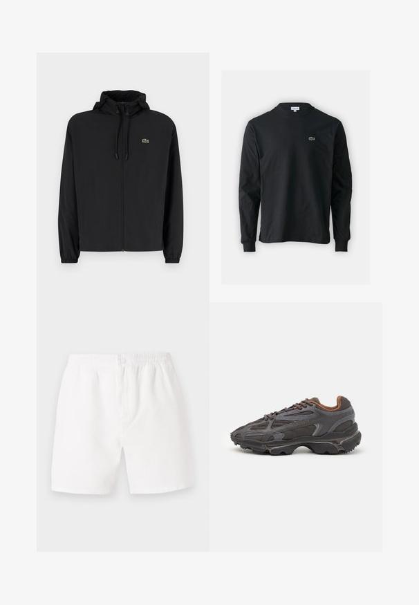 Črna jakna na zadrgo s kapuco, izdelana iz lahkega materiala. Ima elastične manšete in majhen zeleni logotip na levem prsnem delu.; Črna dolgi rokavi majica iz bombaža, z okroglim ovratnikom in majhnim zelenim vezenim logotipom krokodila na levem prsnem delu.; Bela, teksturirana kratka hlača z elastičnim pasom in gumbom za zapiranje. Imajo ohlapen kroj in dolžino do sredine stegna, primerne za vsakodnevno nošenje.; Lacoste teniske v temno sivi barvi z mrežasto in sintetično prevleko, s teksturiranim podplatom in rjavimi detajli na ovratniku ter blagovni znamki.