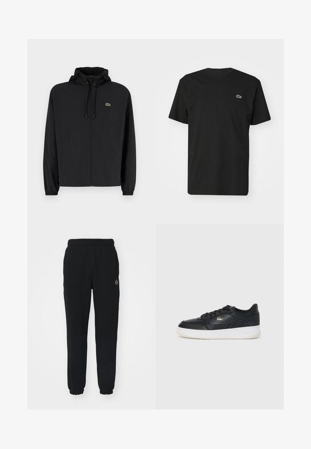 Chaqueta negra con cremallera y capucha, hecha de material ligero. Cuenta con puños elásticos y un pequeño logo verde en el lado izquierdo del pecho.; Camiseta de algodón negra con mangas cortas y cuello redondo. Presenta un pequeño logo de cocodrilo verde y blanco en el lado izquierdo del pecho.; Pantalones de chándal negros confeccionados con un tejido suave, que cuentan con una cintura y puños elásticos. Incluyen un pequeño logotipo verde en el lado izquierdo.; Zapatilla de cuero negra con suela blanca, con puntera redondeada, diseño de cordones y un logo sutil en el lateral. Acentos en la parte superior texturizada.