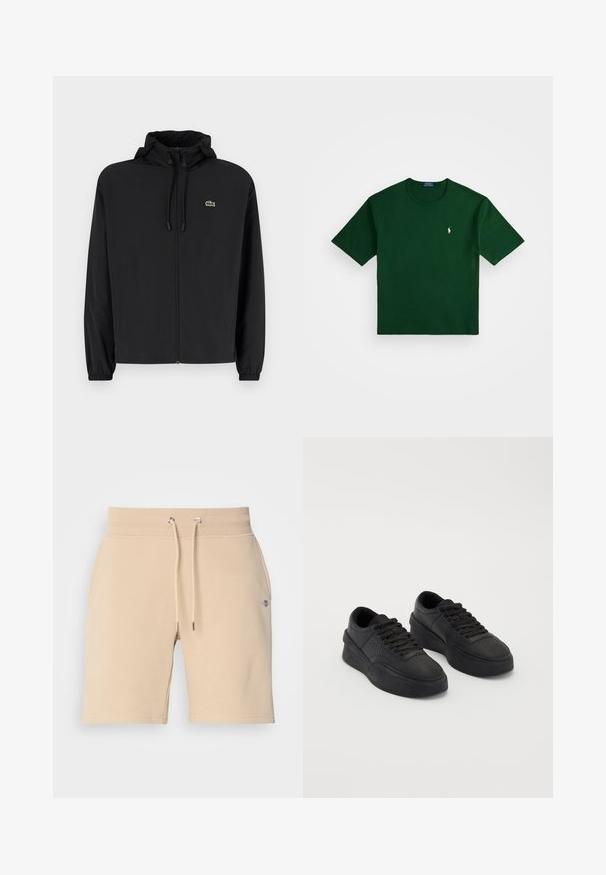 Jachetă neagră cu fermoar și glugă, fabricată din material ușor. Are manșete elastice și un mic logo verde pe pieptul stâng.; Polo Ralph Lauren RELAXED FIT LOGO JERSEY T-SHIRT - Tricou cu imprimeu - northwest pine; Pantaloni scurți din bumbac bej cu talie elastică, șnur reglabil și buzunare laterale. Conțin un mic logo pe coapsa stângă.; O pereche de tenisi negri cu talpă joasă, cu șireturi, tălpi groase și detalii cu perforații în zona degetelor, pe un fundal simplu.