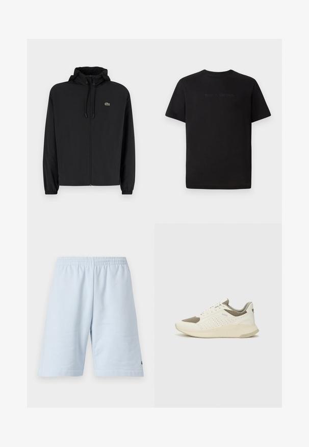 Svart zip-up jakke med hette, laget av lett materiale. Har elastiske mansjetter og en liten grønn logo på venstre bryst.; Lacoste T-shirts - black; Lyseblå bomullsshorts med elastisk midje. Har et enkelt, ensfarget design og åpne ermer. Logoaksent nederst.; Hvit og lysebeige treningssko, med en mesh-overdel, perforerte detaljer og en teksturert mellomsåle med merkevare på hælen.