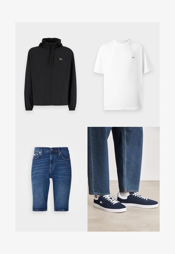 Melnas rāvējslēdzēja jakas ar kapuci, izgatavota no viegla materiāla. Ar elastīgām piedurknēm un mazu zaļu logo kreisajā krūtī.; Balts kokvilnas T-krekls arapa apaļu kaklu un īsām piedurknēm. Uz kreisā krūšu viena ir mazs melns Lacoste logo.; Zilā denima šorti ar taisnu piegriezumu, pieciem kabatām un redzamām šuvi detaļām. Materiāls ir gluds un tam ir viegla nodiluma pakāpe.; Zili auduma sporta apavi ar baltām stīgām un gumijas zolēm, izlikti kopā ar džinsiem un pelēkām ribotām zeķēm, uz gaiši pelēka pamata.