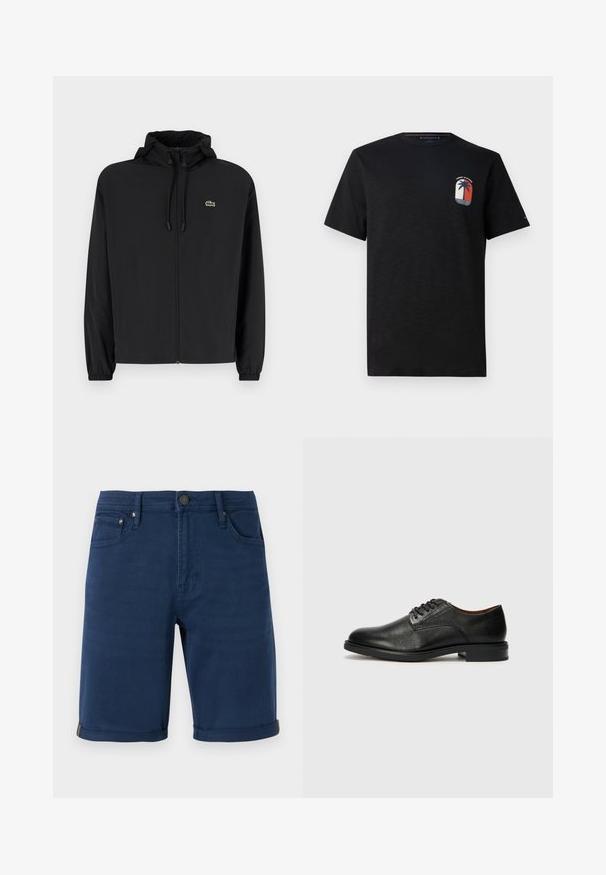Črna jakna na zadrgo s kapuco, izdelana iz lahkega materiala. Ima elastične manšete in majhen zeleni logotip na levem prsnem delu.; Črna bombažna majica s krožnim izrezom in kratkimi rokavi. Na prsih ima logotip palme v rdeči, beli in modri barvi.; Temno modri jeans kratki hlače s ravnim krojem, zvitjem robov, petimi žepi in kovinskimi gumbi. Gladka tekstura in enotna barva.; Tommy Hilfiger VOGUE LTH - Elegantni čevlji z vezalkami - black