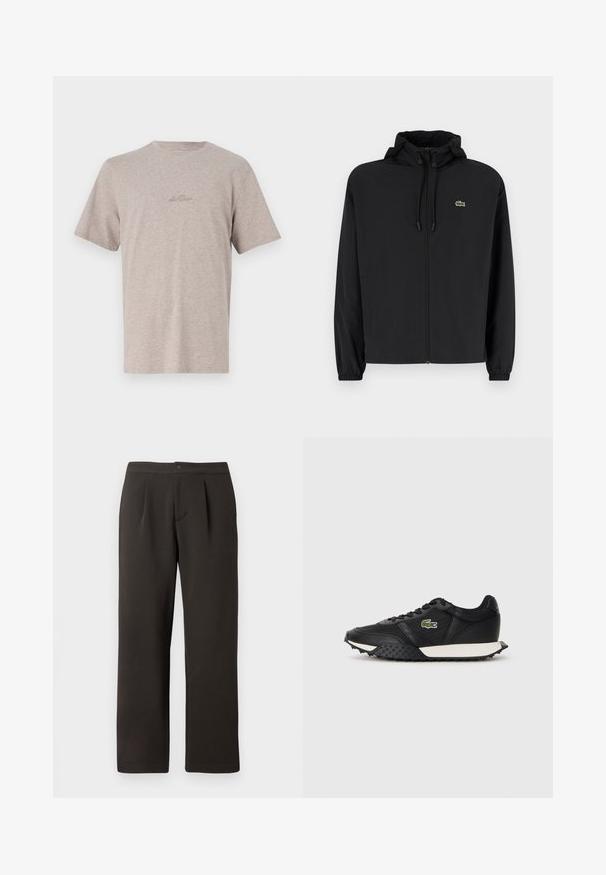 Mustmust jacket, millel näpsuga, kergest materjalist. Omab elastseid mansette ja väikest rohelist logo vasakul rinnal.; Beige lühikese varrukaga t-särk, mis on valmistatud pehmest kangast, ümmarguse kaelusega ja kaunilt tikitud logoga rinnal.; T tumedad pruunid sirged püksid lamedate esiosadega, kahe voltimisega ja nööbi kinnitusega. Valmistatud siledast kangast, millel on kerge tekstuur.; Mustad mustad spordijalatsid sileda nahkviimistlusega, tekstuurse kummitaldiga, valge vahevaibaga ja rohelise brodüüritud logoga küljele.