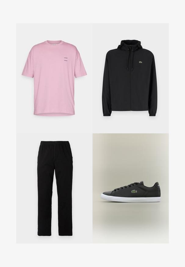 Mustmust jacket, millel näpsuga, kergest materjalist. Omab elastseid mansette ja väikest rohelist logo vasakul rinnal.; Roosa puuvillane T-särk, millel on mugav lõige, lühikesed varrukad, ümar kaelus ja vasakul rinnal kaks väikest musta trükitud logo.; Mustad mustreid, puuvillast segakanga valmistatud mustad püksid, mis on sirge lõikega, elastse vöökoht ja nööp, ilma nähtavate mustrite või aktsentideta.; Mustad mustad nahast tennisetossud valge kummist tallaga, millel on roheline krokodillilogo ja ümmargused paelad, stiilne disain sujuva tekstuuriga.