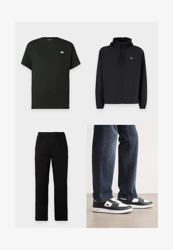Juodas užtrauktukas striukė su gaubtu, pagaminta iš lengvos medžiagos. Savybės: elastiniai apykaklės ir mažas žalias logotipas kairėje krūtinės pusėje.; Juoda medvilninė marškinėliai su apvalia iškirpte, trumpomis rankovėmis ir žaliu siuvinėjimu ant kairės krūtinės. Lygus audinys, laisvas fasonas.; Juodi kelnės, pagamintos iš medvilnės mišinio, su tiesiomis kirpimo linijomis, elastingu liemeniu su mygtuku ir be aiškių raštų ar akcentų.; Juodos ir baltos Lacoste sportbačiai su tekstūruota odine viršutine dalimi, turi raištelių užsegimą ir baltą guminį pado. Avėti su tamsiomis džinsinėmis kelnėmis.