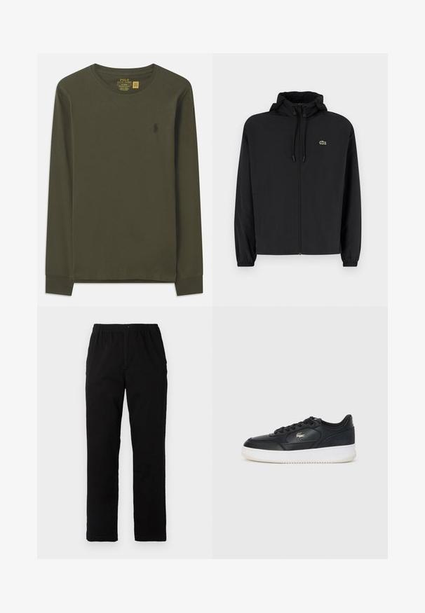 Casaco preto com fecho éclair e capuz, feito de material leve. Apresenta punhos elásticos e um pequeno logotipo verde no lado esquerdo do peito.; Camisola de algodão de manga comprida, verde-oliva, com decote redondo e um pequeno logótipo escuro no lado esquerdo do peito. Textura suave, design justo.; Calças pretas feitas de um tecido de algodão misto, com corte reto, cintura elástica com botão e sem padrões ou detalhes visíveis.; Sapatilha de couro preto com sola branca, apresentando um bico arredondado, design com atacadores e um logotipo discreto na lateral. Detalhes em relevo na parte superior.