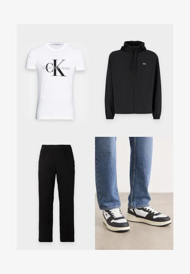 Black zip-up jacket with a hood, made of lightweight material. Features elastic cuffs and a small green logo on the left chest.; White cotton t-shirt featuring a black "CK" logo and "Calvin Klein Jeans" text, short sleeves, and a classic round neckline.; Black pants made of cotton blend fabric, featuring a straight cut, elastic waistband with button, and no visible patterns or accents.; Black and white low-top sneakers featuring a textured upper, perforated toe, white laces, and a cream-colored sole.