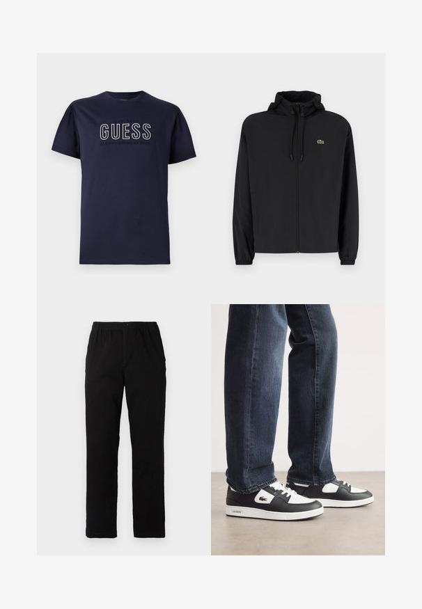 Sort zip-jakke med hætte, lavet af letvægtsmateriale. Har elastiske manchetter og et lille grønt logo på venstre bryst.; Marineblå bomulds t-shirt med korte ærmer, udstyret med et hævet "GUESS" logo og teksten "CLASSIC AMERICAN STYLE" i hvid og grå. Enkel design.; Sorte bukser lavet af en bomuldsblandingsstof, med lige snit, elastisk talje med knap, og uden synlige mønstre eller detaljer.; Sorte og hvide Lacoste sneakers med en struktureret læderoverdel, der har snørebåndsdesign og en hvid gummisål. Båret med mørke jeans.