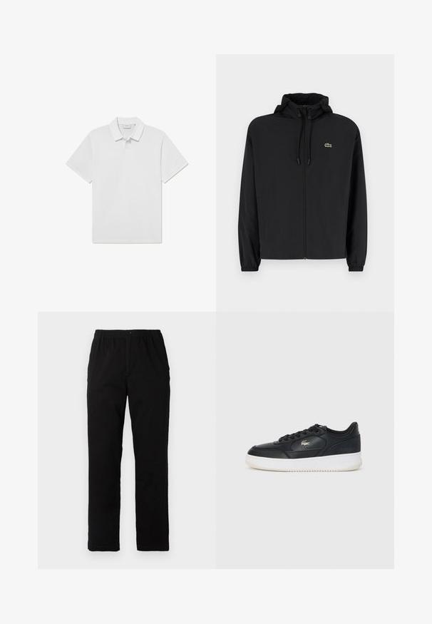 Juodas užtrauktukas striukė su gaubtu, pagaminta iš lengvos medžiagos. Savybės: elastiniai apykaklės ir mažas žalias logotipas kairėje krūtinės pusėje.; Balta polo marškiniai, pagaminti iš medvilnės, su klasikiniu apykakle, trumpomis rankovėmis ir mažu logotipu ant krūtinės. Paprasta, lygi tekstūra.; Juodi kelnės, pagamintos iš medvilnės mišinio, su tiesiomis kirpimo linijomis, elastingu liemeniu su mygtuku ir be aiškių raštų ar akcentų.; Juodas odinis sportinis batelis su baltu padu, suapvalintu nosiu, raišteliais prisirišimu ir subtiliu logotipu šone. Textūruotas viršus.