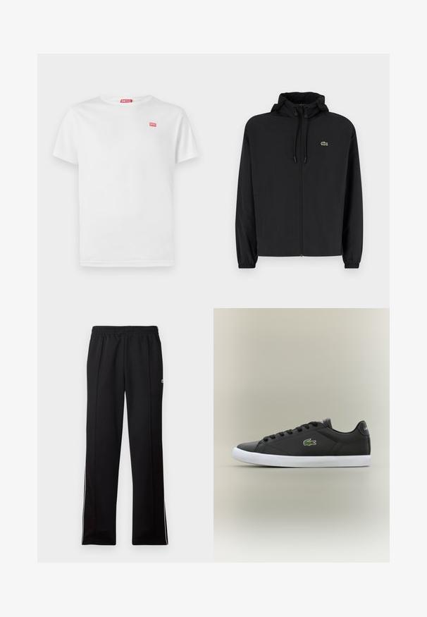 Svart zip-up jakke med hette, laget av lett materiale. Har elastiske mansjetter og en liten grønn logo på venstre bryst.; Hvit bomull T-skjorte med korte ermer og V-hals. Har en liten rød Diesel-logo på venstre bryst. Glatt tekstur, standard passform.; Svart hel-lengde idretts bukser med elastisk midje og hvite side striper, med en liten grønn logo på øvre side.; Svarte lær sneakers med hvit gummisåle, med grønt krokodillelogo og runde snører, elegant design med glatt tekstur.