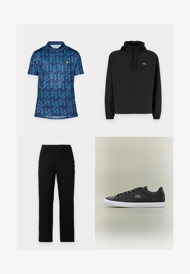 Černá zipová bunda s kapucí, vyrobená z lehkého materiálu. Má elastické manžety a malé zelené logo na levé hrudi.; Námořnický polo shirt s opakujícím se vzorem "LS" v tyrkysové barvě, s tříknoflíkovou légou a žlutým logem orla na hrudi.; Černé kalhoty vyrobené z bavlněné směsi, s rovný střih, elastickým pasem s knoflíkem a bez viditelných vzorů či akcentů.; Černé kožené tenisky s bílou gumovou podrážkou, se zeleným logem krokodýla a kulatými tkaničkami, elegantní design s hladkým povrchem.