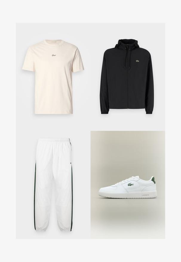 Sort zip-jakke med hætte, lavet af letvægtsmateriale. Har elastiske manchetter og et lille grønt logo på venstre bryst.; Cremefarvet bomulds t-shirt med korte ærmer og rund udskæring. Har et lille sort broderet logo på brystet. Blød tekstur.; Hvide træningsbukser med mørkegrønne sidelæg. Letvægtsmateriale, elastisk talje og manchetter ved benene. Har mesh-struktur på sidelæggene.; Hvide lædersneakers med en glat overflade, grønne accenter på hælen og et grønt logo på siden. Har en flad sål og rund tå.