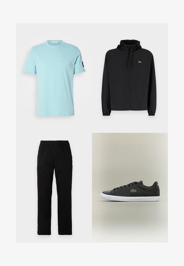 Czarna kurtka zapinana na zamek z kapturem, wykonana z lekkiego materiału. Posiada elastyczne mankiety oraz małe zielone logo na lewej piersi.; Jasnoniebieska bawełniana koszulka z krótkim rękawem, okrągłym dekoltem i przeszyciem przy kołnierzyku. Posiada małe czarne logo na rękawie.; Czarne spodnie wykonane z mieszanki bawełny, z prostym krojem, elastycznym paskiem w talii z guzikiem oraz bez widocznych wzorów czy akcentów.; Czarne skórzane sneakersy z białą gumową podeszwą, z zielonym logo krokodyla i okrągłymi sznurówkami, o smukłym designie i gładkiej fakturze.