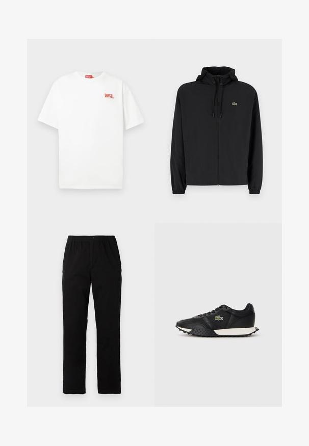 Black zip-up jacket with a hood, made of lightweight material. Features elastic cuffs and a small green logo on the left chest.; White cotton short-sleeve t-shirt with a red "DIESEL" logo on the left chest, featuring a relaxed fit and simple design.; Black pants made of cotton blend fabric, featuring a straight cut, elastic waistband with button, and no visible patterns or accents.; Black sneakers with a smooth leather finish, featuring a textured rubber sole, white midsole, and a green embroidered logo on the side.