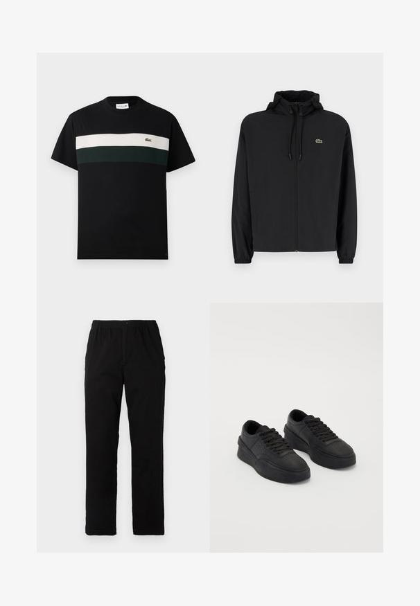 Černá zipová bunda s kapucí, vyrobená z lehkého materiálu. Má elastické manžety a malé zelené logo na levé hrudi.; Černé tričko vyrobené z bavlny s kulatým výstřihem, s horizontálním pruhem v krémové a tmavě zelené barvě přes hrudník a malým logem.; Černé kalhoty vyrobené z bavlněné směsi, s rovný střih, elastickým pasem s knoflíkem a bez viditelných vzorů či akcentů.; Černé tenisky vyrobené z hladké kůže s polstrovanou podrážkou. Mezi vlastnosti patří ploché tkaničky, perforace na špičce a elegantní silueta.