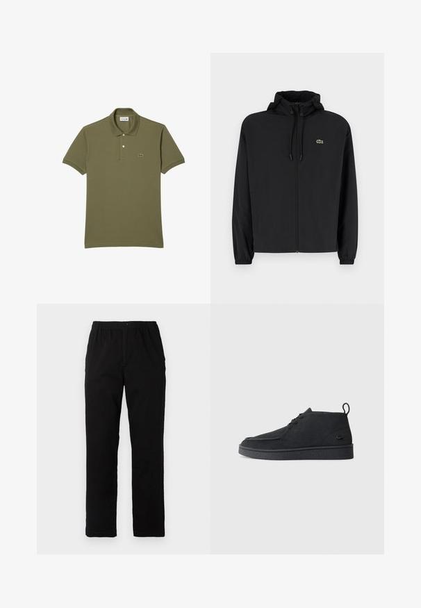 Musta vetoketjullinen takki, jossa on huppu, valmistettu kevyestä materiaalista. Ominaisuuksiin kuuluu joustavat hihansuut ja pieni vihreä logo vasemmassa rinnassa.; Oliivivihreä polo-paita, joka on valmistettu puuvillasta. Paita sisältää kaksinappisen kauluksen, lyhyet hihat ja brodeeratun logon vasemmassa rintamuksessa.; Mustat housut, jotka on valmistettu puuvilla-sekoitekankaasta, suoran mallin, joustavan vyötärönauhan ja napin kanssa, ilman näkyviä kuvioita tai yksityiskohtia.; Mustat mokka nauhalla suljettavat nilkkasaappaat, joissa on vetotappi ja teksturoitu pohja, sekä pieni kohokuvioitu krokotiililogo sivulla.