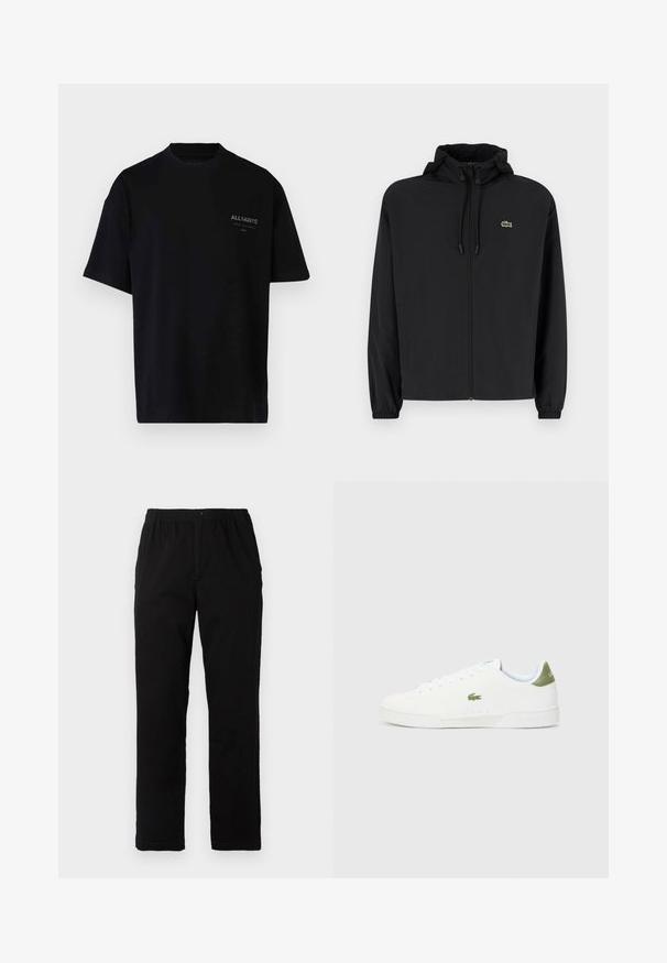 Čierna mikina na zips s kapucňou, vyrobená z ľahkého materiálu. Má elastické manžety a malú zelenú značku na ľavej hrudi.; AllSaints UNDERGOUND CAMO - Tričko s potlačou - jet black; Čierne nohavice vyrobené z bavlnenej zmesi, so strihom rovného strihu, elastickým pásom s gombíkom a bez viditeľných vzorov alebo akcentov.; Biele tenisky s hladkým povrchom, s zeleným akcentom na päte a malým vyšitým logom krokodíla na boku.