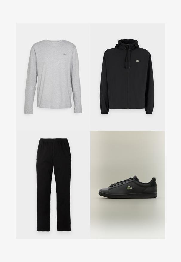 Zwarte zip-up jas met een capuchon, gemaakt van lichtgewicht materiaal. Heeft elastische manchetten en een klein groen logo op de linkerborst.; Grijze katoenen T-shirt met lange mouwen, een ronde hals en een klein geborduurd logo op de borst. Zachte textuur en een ontspannen pasvorm.; Zwarte broek van een katoenmix, met een rechte snit, een elastische tailleband met knoop en zonder zichtbare patronen of accenten.; Zwarte leren sneaker met lage schacht en zwarte veters, met een groen krokodillenlogo aan de zijkant, tegen een neutrale achtergrond.