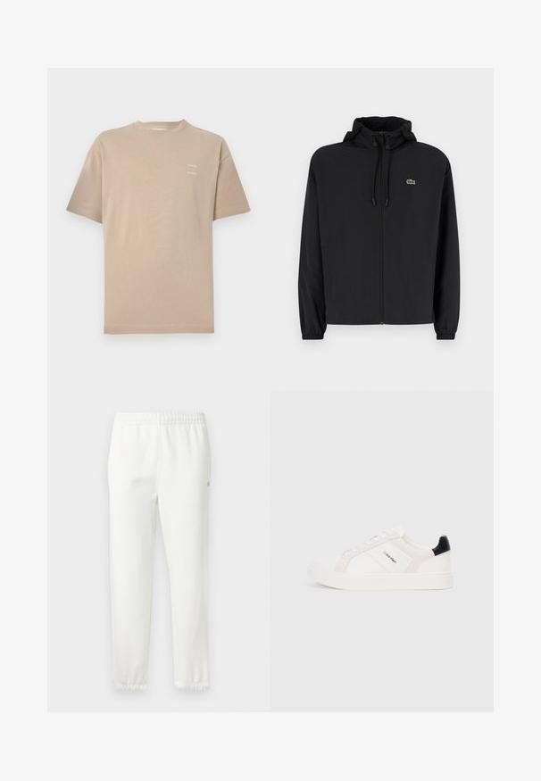 Crna jakna na zip s kapuljačom, izrađena od laganog materijala. Ima elastične manžete i mali zeleni logotip na lijevoj strani prsnog koša.; Bež pamukasta majica kratkih rukava s okruglim izrezom. Ima diskretno ispisano ime brenda na gornjem lijevom dijelu prsnog koša. Glatka tekstura.; Bijele pamučne trenirke s elastičnim pojasom i suženim nogavicama. Imaju mali detalj s logotipom sa strane. Mekana tekstura, minimalni dizajn.; Bijele tenisice s svijetlo ružičastim i crnim naglascima, s glatkim kožnim i zamšenim panelima, okruglim vrhom i ravnim gumiranim potplatom.