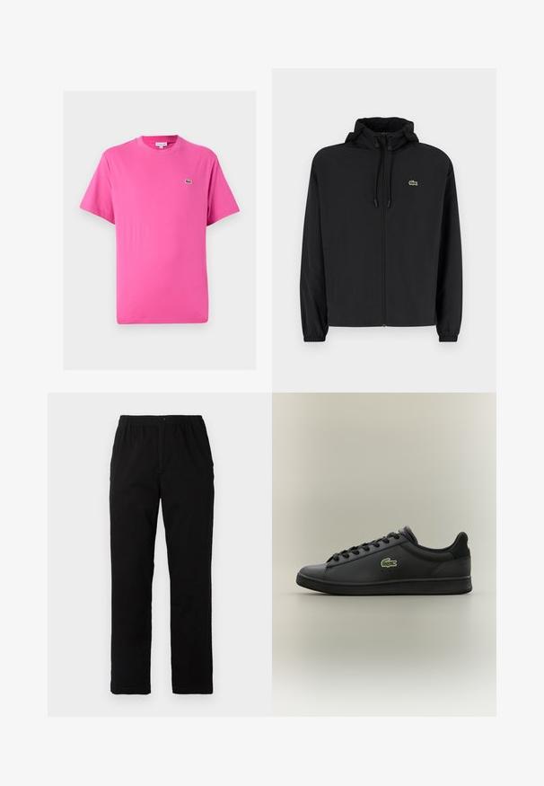 Jachetă neagră cu fermoar și glugă, fabricată din material ușor. Are manșete elastice și un mic logo verde pe pieptul stâng.; Tricou cu mânecă scurtă din bumbac roz aprins, având un gât rotund și un mic logo de crocodil verde pe partea stângă a pieptului.; Pantaloni negri dintr-un material textil amestecat de bumbac, cu croială dreaptă, talie elastică cu nasture și fără modele sau accente vizibile.; Sneaker din piele neagră, cu talpă joasă și șireturi negre, având un logo de crocodil verde pe lateral, plasat pe un fundal neutru simplu.