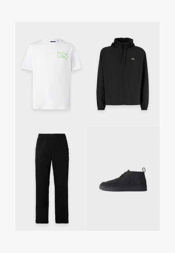 Black zip-up jacket with a hood, made of lightweight material. Features elastic cuffs and a small green logo on the left chest.; White cotton t-shirt featuring a small green "LS" logo on the left chest area. Classic crew neck and short sleeves.; Black pants made of cotton blend fabric, featuring a straight cut, elastic waistband with button, and no visible patterns or accents.; Black suede lace-up ankle boot with pull tab and textured sole, featuring small embossed crocodile logo on the side.