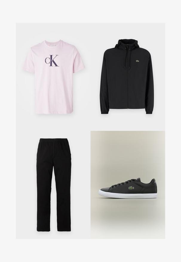 Chaqueta negra con cremallera y capucha, hecha de material ligero. Cuenta con puños elásticos y un pequeño logo verde en el lado izquierdo del pecho.; Camiseta de algodón rosa claro con cuello redondo y mangas cortas, que presenta un logo en azul marino oscuro con 'cK' y 'Calvin Klein' impresos en la parte frontal.; Pantalones negros de tejido de mezcla de algodón, con corte recto, cintura elástica con botón y sin patrones o acentos visibles.; Zapatillas de cuero negro con suela de goma blanca, con un logo de cocodrilo verde y cordones redondos, diseño elegante con textura suave.