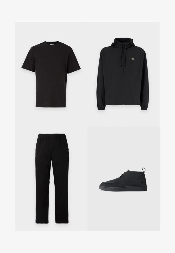 Giacca nera con zip e cappuccio, realizzata in materiale leggero. Caratterizzata da polsini elasticizzati e un piccolo logo verde sul petto sinistro.; T-shirt nera in cotone con scollatura a girocollo, maniche corte e sottile testo ricamato sul petto. Tessuto liscio, vestibilità standard.; Pantaloni neri realizzati in un tessuto misto cotone, caratterizzati da un taglio dritto, vita elastica con bottone e senza motivi o dettagli visibili.; Stivale alla caviglia in suede nero con lacci, dotato di una linguetta per il tiraggio e suola testurizzata, caratterizzato da un piccolo logo a forma di coccodrillo embossato sul lato.