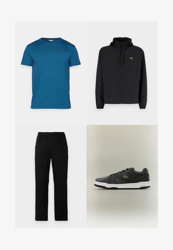 Czarna kurtka zapinana na zamek z kapturem, wykonana z lekkiego materiału. Posiada elastyczne mankiety oraz małe zielone logo na lewej piersi.; Niebieska bawełniana koszulka z krótkim rękawem, okrągłym dekoltem oraz małym czarnym logo marki nadrukowanym po lewej stronie klatki piersiowej.; Czarne spodnie wykonane z mieszanki bawełny, z prostym krojem, elastycznym paskiem w talii z guzikiem oraz bez widocznych wzorów czy akcentów.; Czarne skórzane sneakersy z białą gumową podeszwą. Posiadają zielone haftowane logo oraz okrągły nos. Zapięcie na sznurowadła i perforowane detale.
