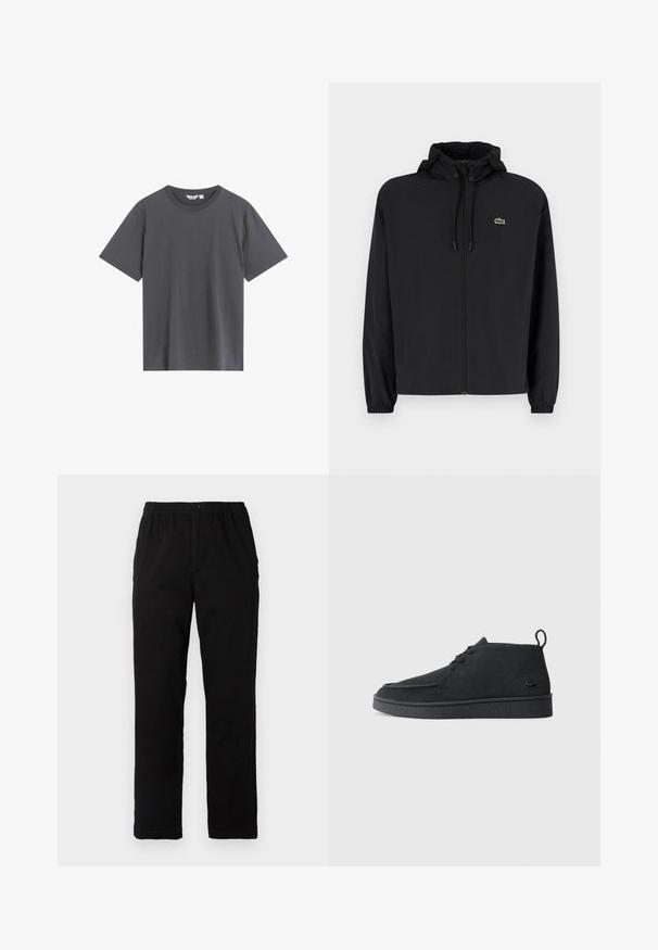 Zwarte zip-up jas met een capuchon, gemaakt van lichtgewicht materiaal. Heeft elastische manchetten en een klein groen logo op de linkerborst.; Grijze t-shirt gemaakt van zacht katoen, met een klassieke ronde hals, korte mouwen en een ontspannen pasvorm zonder zichtbare patronen of accenten.; Zwarte broek van een katoenmix, met een rechte snit, een elastische tailleband met knoop en zonder zichtbare patronen of accenten.; Zwarte suède veterschoenen tot de enkel met een trekband en een gestructureerde zool, met een klein reliëf krokodillenlogo aan de zijkant.