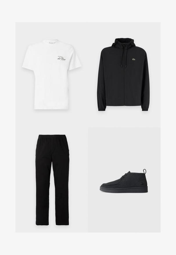 Black zip-up jacket with a hood, made of lightweight material. Features elastic cuffs and a small green logo on the left chest.; White cotton t-shirt with a crew neckline, short sleeves, featuring a small black printed logo on the left chest. Soft texture, standard fit.; Black pants made of cotton blend fabric, featuring a straight cut, elastic waistband with button, and no visible patterns or accents.; Black suede lace-up ankle boot with pull tab and textured sole, featuring small embossed crocodile logo on the side.