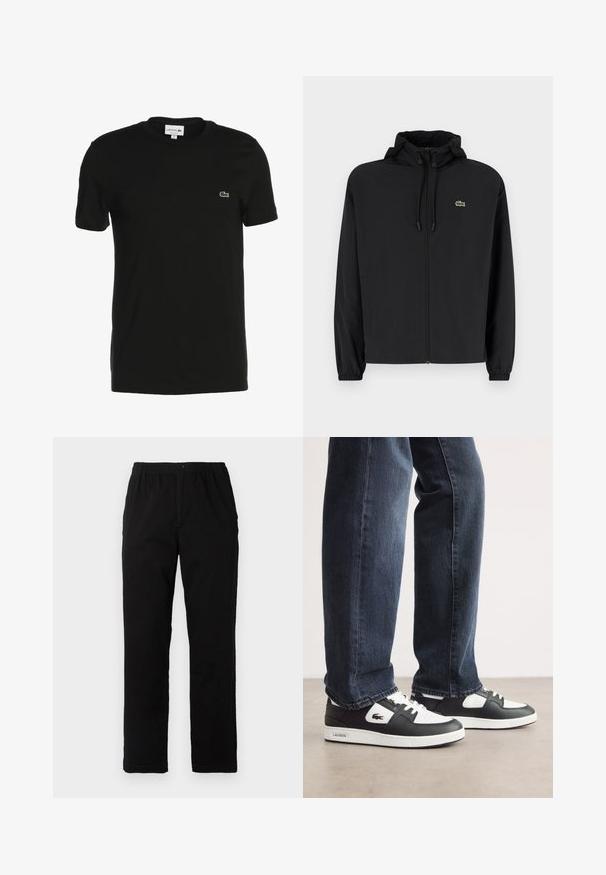 Melnas rāvējslēdzēja jakas ar kapuci, izgatavota no viegla materiāla. Ar elastīgām piedurknēm un mazu zaļu logo kreisajā krūtī.; Melnas kokvilnas T-krekls ar īsām piedurknēm, apaļu kaklu un mazu zaļu Lacoste logotipu uz krūšu daļas. Gluda tekstūra, klasiskā piegriezuma.; Melnas bikses no kokvilnas maisījuma auduma, ar taisnu griezumu, elastīgu jostasvietu ar pogu un bez redzamām rakstu vai akcentiem.; Melnbalti Lacoste sporta apavi ar teksturētu ādas augšdaļu, ar saistēm un baltu gumijas zoli. Nēsāti ar tumšām džinsām.