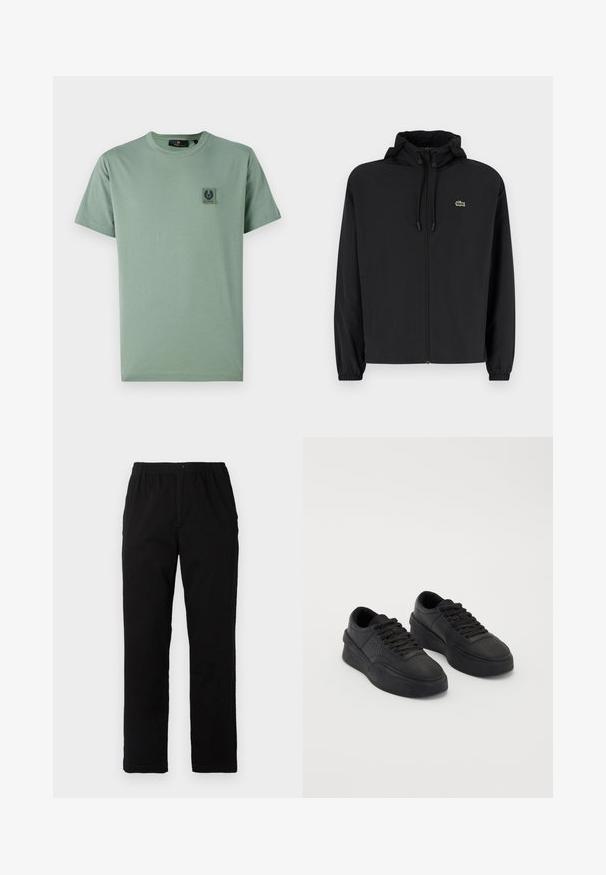 Casaco preto com fecho éclair e capuz, feito de material leve. Apresenta punhos elásticos e um pequeno logotipo verde no lado esquerdo do peito.; T-shirt de algodão verde claro com mangas curtas, decote redondo e um patch quadrado com logotipo no lado esquerdo do peito. Textura suave e design casual.; Calças pretas feitas de um tecido de algodão misto, com corte reto, cintura elástica com botão e sem padrões ou detalhes visíveis.; Sapatilhas pretas feitas de couro liso com sola acolchoada. As características incluem atacadores planos, perfurações na biqueira e um silhueta elegante.