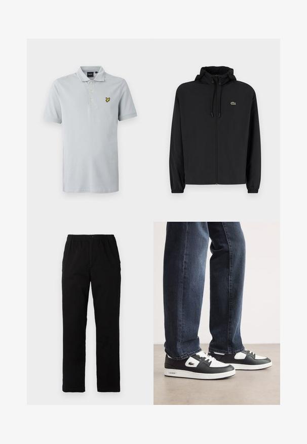 Černá zipová bunda s kapucí, vyrobená z lehkého materiálu. Má elastické manžety a malé zelené logo na levé hrudi.; Světle šedé polo tričko s límečkem, třemi knoflíky, krátkými rukávy a černou a žlutou vyšitou logem na hrudi.; Černé kalhoty vyrobené z bavlněné směsi, s rovný střih, elastickým pasem s knoflíkem a bez viditelných vzorů či akcentů.; Černo-bílé tenisky Lacoste s texturovaným koženým svrškem, se šněrovacím designem a bílou gumovou podešví. Nosené s tmavými džíny.
