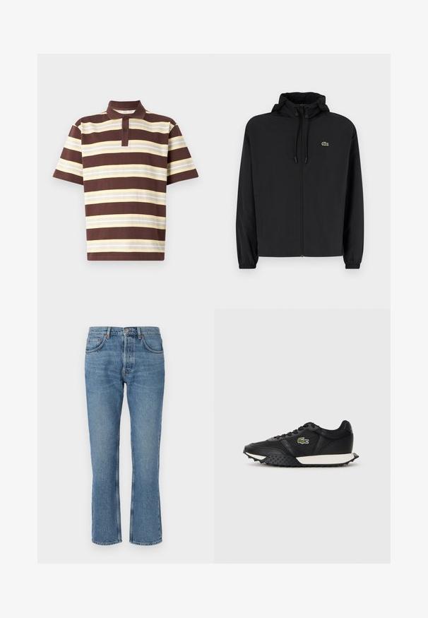 Schwarze Zip-Jacke mit Kapuze, aus leichtem Material hergestellt. Verfügt über elastische Bündchen und ein kleines grünes Logo auf der linken Brust.; Braun und gelb gestreiftes Polohemd, kurze Ärmel, Knopfleiste mit drei Knöpfen, aus Baumwollmaterial, strukturiertem Stoff mit variierenden Streifenbreiten.; Hellblaue Denim-Jeans mit geradem Schnitt, fünf Taschen-Design und kontrastierenden Nähten. Der Stoff hat eine weiche Textur und leichte Verwaschungen.; Schwarze Sneaker mit einer glatten Lederoberfläche, ausgestattet mit einer strukturierten Gummisohle, einer weißen Zwischensohle und einem grünen gestickten Logo an der Seite.