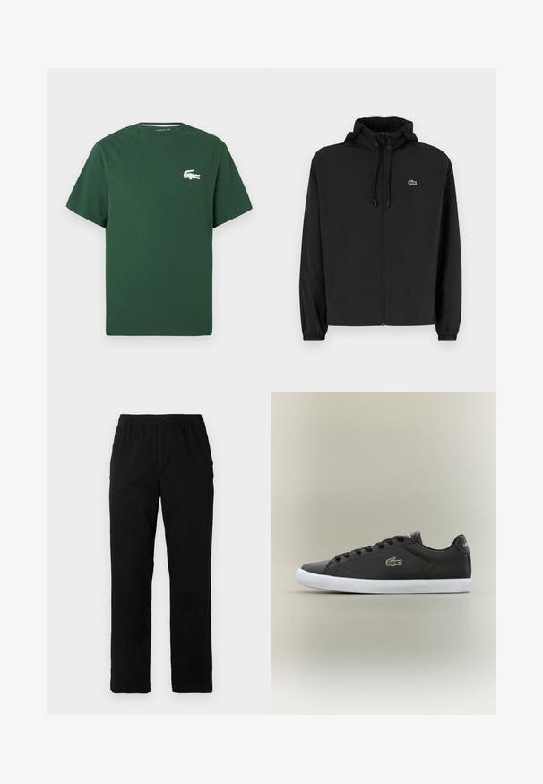 Melnas rāvējslēdzēja jakas ar kapuci, izgatavota no viegla materiāla. Ar elastīgām piedurknēm un mazu zaļu logo kreisajā krūtī.; Zaļš kokvilnas T-krekliņš ar īsām piedurknēm, apaļu kakla izgriezumu un baltu krokodila logo kreisajā krūtī. Gluda tekstūra, ikdienejas dizains.; Melnas bikses no kokvilnas maisījuma auduma, ar taisnu griezumu, elastīgu jostasvietu ar pogu un bez redzamām rakstu vai akcentiem.; Melnas ādas sporta apavas ar baltu gumijas zoli, rotāts ar zaļu krokodila logotipu un apaļām šņorēm, elegants dizains ar gludu tekstūru.