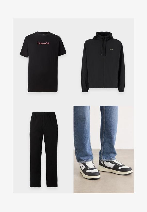 Melnas rāvējslēdzēja jakas ar kapuci, izgatavota no viegla materiāla. Ar elastīgām piedurknēm un mazu zaļu logo kreisajā krūtī.; Melnas īsām piedurknēm t-krekls, kas izgatavots no kokvilnas, ar centrālo Calvin Klein logotipu sarkanā un baltā krāsā, ar apaļu kakla izgriezumu un brīvu piegriezumu.; Melnas bikses no kokvilnas maisījuma auduma, ar taisnu griezumu, elastīgu jostasvietu ar pogu un bez redzamām rakstu vai akcentiem.; Melnbalti zemā profila sporta apavi ar teksturētu augšdaļu, caurumiņiem purngalā, baltām šņorēm un krēmkrāsas zoli.
