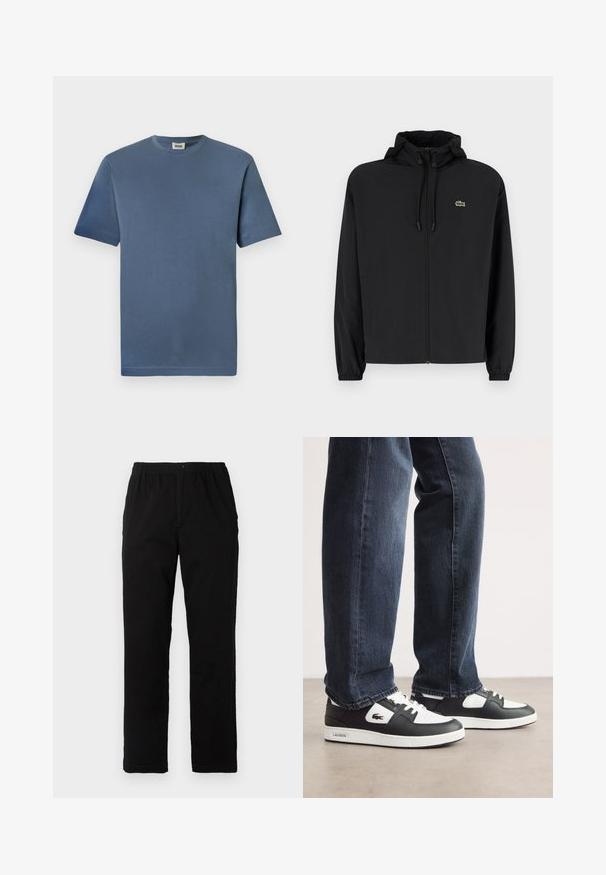 Casaco preto com fecho éclair e capuz, feito de material leve. Apresenta punhos elásticos e um pequeno logotipo verde no lado esquerdo do peito.; T-shirt de algodão azul com um decote redondo e mangas curtas. Apresenta uma textura lisa e uma bainha reta. Sem padrões ou gráficos visíveis.; Calças pretas feitas de um tecido de algodão misto, com corte reto, cintura elástica com botão e sem padrões ou detalhes visíveis.; Sneakers Lacoste em preto e branco com parte superior em couro texturizado, apresentando um design com atacadores e uma sola de borracha branca. Usadas com jeans escuros.