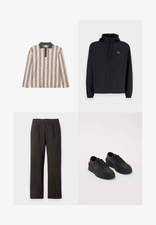 Svart zip-up jakke med hette, laget av lett materiale. Har elastiske mansjetter og en liten grønn logo på venstre bryst.; Stripete langermet polo skjorte i krem og grå, med grønn krage og fire-knaps knappestolpe, med subtil brodert logo-detalj.; Mørkebrune, rette bukser med flat front, to folder og knappelukking. Laget av et glatt stoff med en lett tekstur.; Sorte sneakers laget av glatt lær med en polstret såle. Funksjoner inkluderer flate snøringer, perforeringer på tåpartiet, og en elegant silhuett.