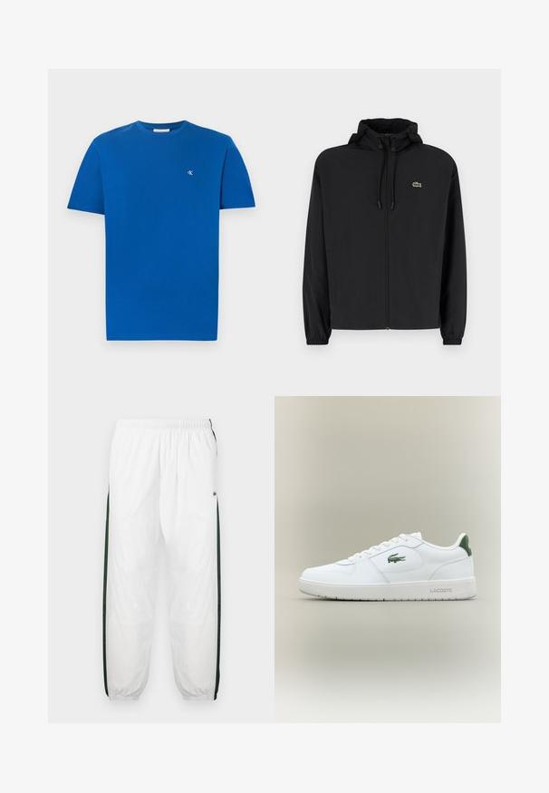 Fekete, kapucnis, cipzáras dzseki, könnyű anyagból készült. Rugalmas mandzsettákkal és egy kis zöld logóval rendelkezik a bal mellrészen.; Kék pamut póló környakú és rövid ujjú kivitelben. Kis fehér logó található a bal mellrészen. Simább tapintású, alkalmi stílusú.; Fehér sportnadrág sötétzöld oldalpanelekkel. Könnyű anyagból készült, rugalmas derékkal és gumis szegéllyel. Az oldalpaneleken hálós textúra található.; Fehér bőr sneaker sima felülettel, zöld akcentussal a saroknál, és zöld logóval az oldalon. Lapos talpa és kerek orra van.