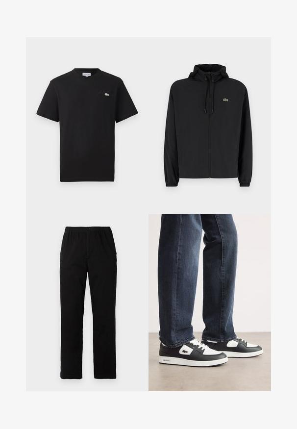Juodas užtrauktukas striukė su gaubtu, pagaminta iš lengvos medžiagos. Savybės: elastiniai apykaklės ir mažas žalias logotipas kairėje krūtinės pusėje.; Juodas medvilnės marškinėliai su apvalia iškirpte. Išsiskiria mažuoju žaliu ir baltu išsiuvinėtu "Lacoste" logotipu ant krūtinės. Trumpomis rankovėmis, reguliaraus kirpimo.; Juodi kelnės, pagamintos iš medvilnės mišinio, su tiesiomis kirpimo linijomis, elastingu liemeniu su mygtuku ir be aiškių raštų ar akcentų.; Juodos ir baltos Lacoste sportbačiai su tekstūruota odine viršutine dalimi, turi raištelių užsegimą ir baltą guminį pado. Avėti su tamsiomis džinsinėmis kelnėmis.