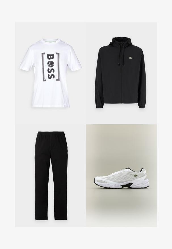 Casaco preto com fecho éclair e capuz, feito de material leve. Apresenta punhos elásticos e um pequeno logotipo verde no lado esquerdo do peito.; T-shirt branca em algodão com mangas curtas, apresentando um ousado logo preto "BOSS" encimado em acentos retangulares. Textura suave, decote redondo.; Calças pretas feitas de um tecido de algodão misto, com corte reto, cintura elástica com botão e sem padrões ou detalhes visíveis.; Sapatilha atlética branca com parte superior em malha texturizada, design curvado e outsole preto em contraste. Apresenta um logótipo verde bordado de lado.