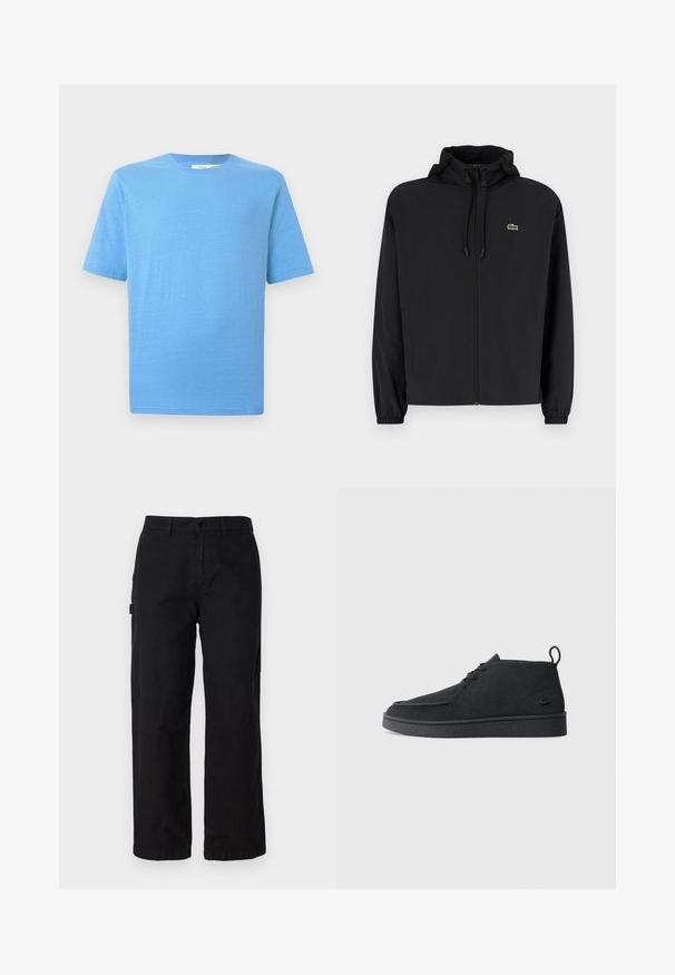 Black zip-up jacket with a hood, made of lightweight material. Features elastic cuffs and a small green logo on the left chest.; Short-sleeve T-shirt in light blue, made of soft fabric. Features a classic crew neck and straight-cut hem, with subtle texture detail.; Black cotton cargo pants with a straight leg design, featuring side pockets and a front button closure. Durable fabric with a smooth texture.; Black suede lace-up ankle boot with pull tab and textured sole, featuring small embossed crocodile logo on the side.