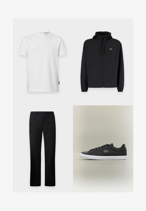 Černá zipová bunda s kapucí, vyrobená z lehkého materiálu. Má elastické manžety a malé zelené logo na levé hrudi.; Bílý tričko s krátkým rukávem vyrobené z bavlny. Má kulatý výstřih a rovný střih, s malou etiketou na spodní levé straně.; Černé kalhoty s rovnými nohavicemi, vyrobené z hladké látky. Mezi vlastnosti patří plochý přední díl a střední pas.; Černé kožené tenisky s bílou gumovou podrážkou, se zeleným logem krokodýla a kulatými tkaničkami, elegantní design s hladkým povrchem.